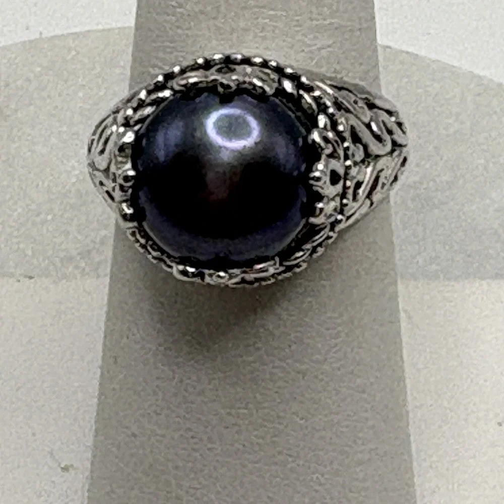CFJ Sterling Silver Tahitian Pearl Ring 7 Crown Setting Filigree Oil Slick